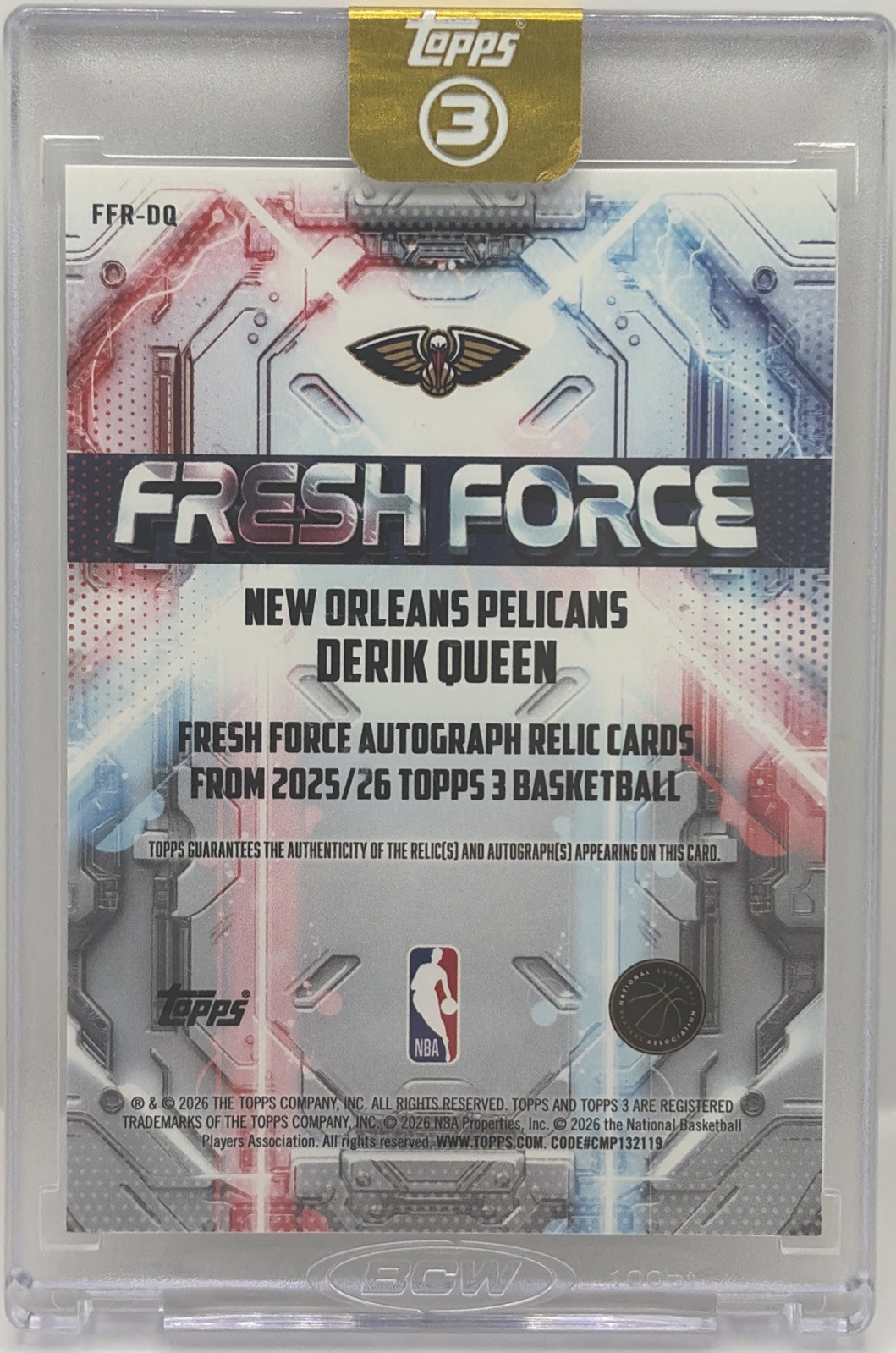 2025-26 Topps Three 3 Derik Queen RC Rookie Jersey Auto Fresh Force #37/49 RPA