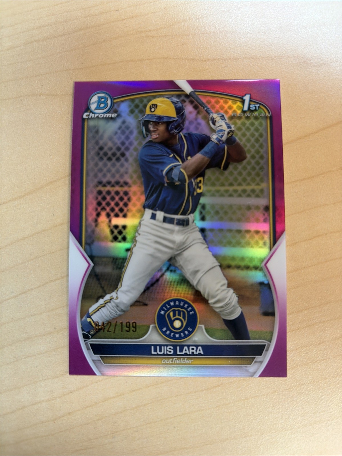 Luis Lara 2023 Bowman Chrome Prospects Fuchsia Refractor 082/199 Brewers
