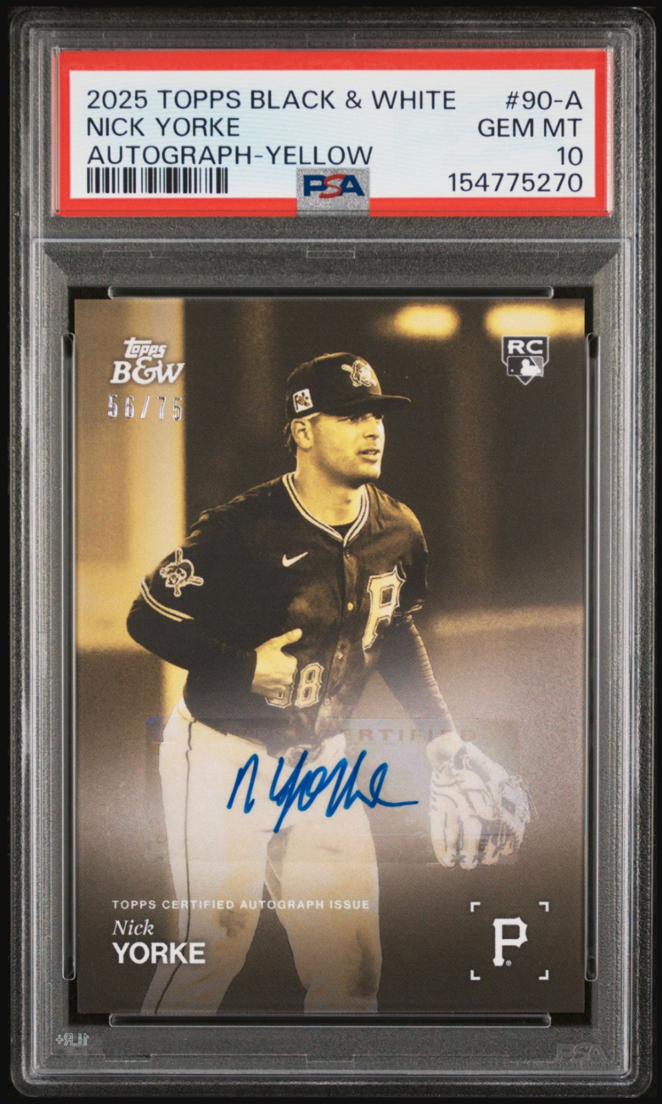 PSA 10 2025 Topps Black & White Nick Yorke #090A Yellow Auto /75 SP ROOKIE POP 2