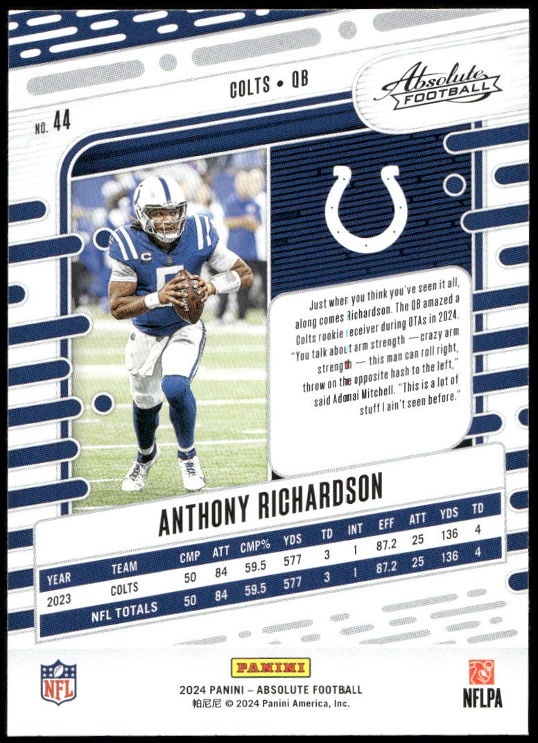 2024 Panini America, Inc. Absolute FOOTBALL ANTHONY RICHARDSON #44 COLTS QB