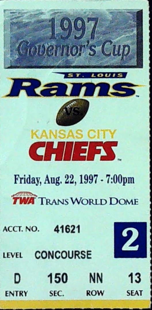 Orlando Pace NFL Pro Debut Rams Chiefs NFL Ticket Stub Tony Gonzalez 8/22/1997