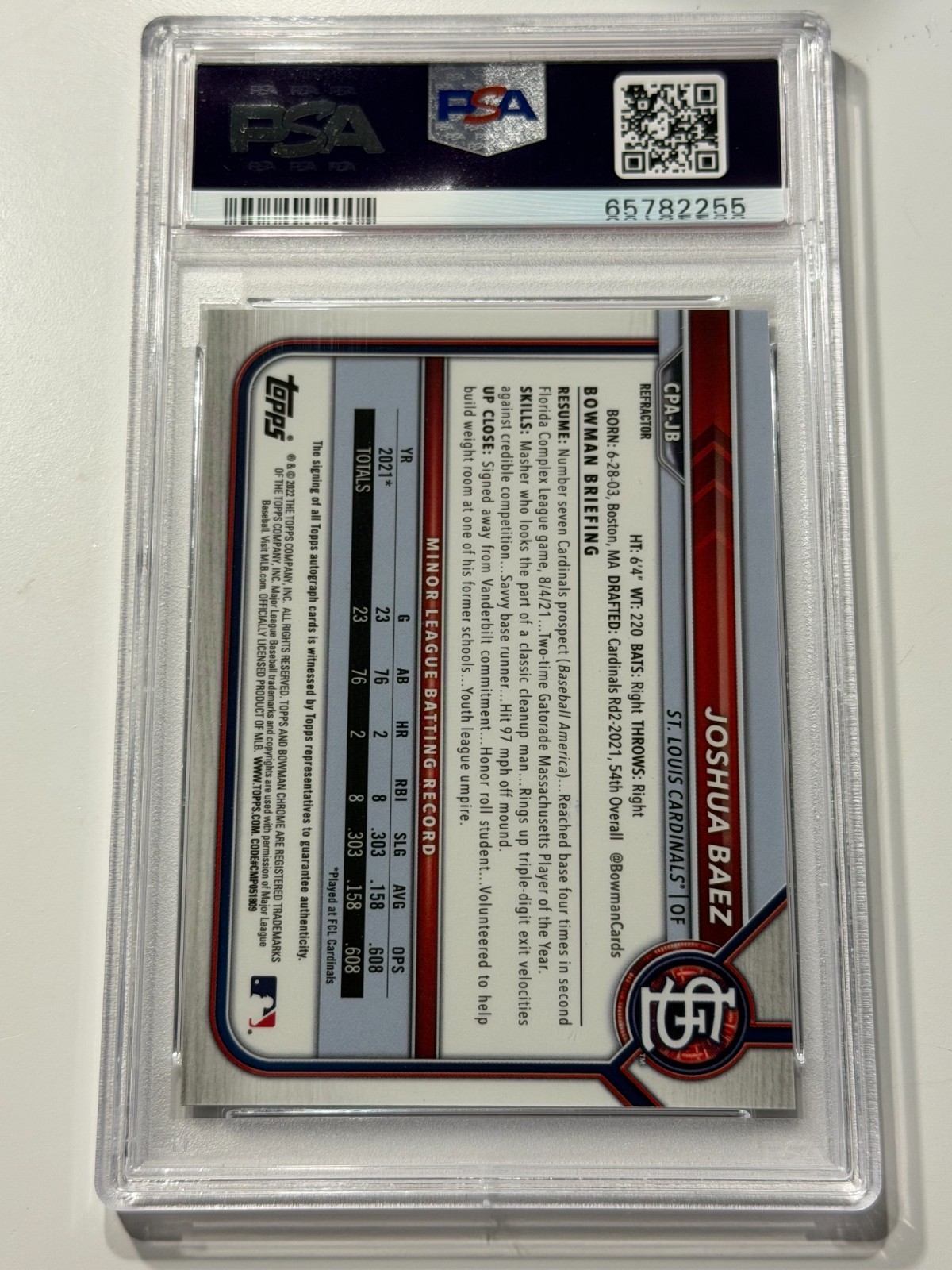 2022 Bowman JOSHUA BAEZ RC AUTO REFRACTOR 1ST /499 PSA 9 Autograph 10 Cardinals