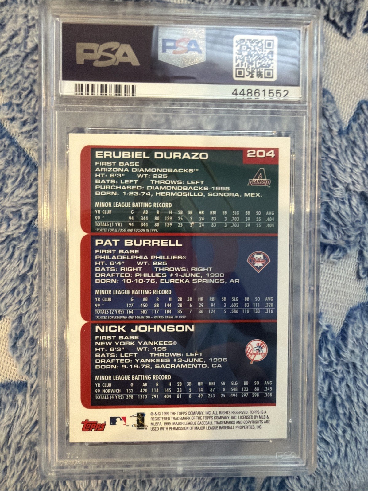 2000 Topps Prospects Erubiel Durazo Pat Burrell Nick Johnson #204 PSA 8 NM MINT