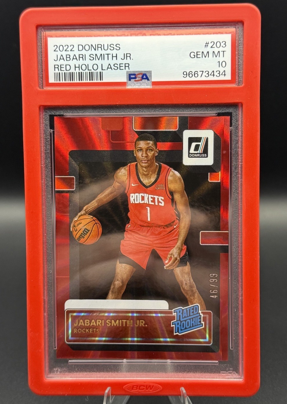 2022-23 Panini Donruss Jabari Smith Jr /99 #203 Holo Red Laser PSA 10
