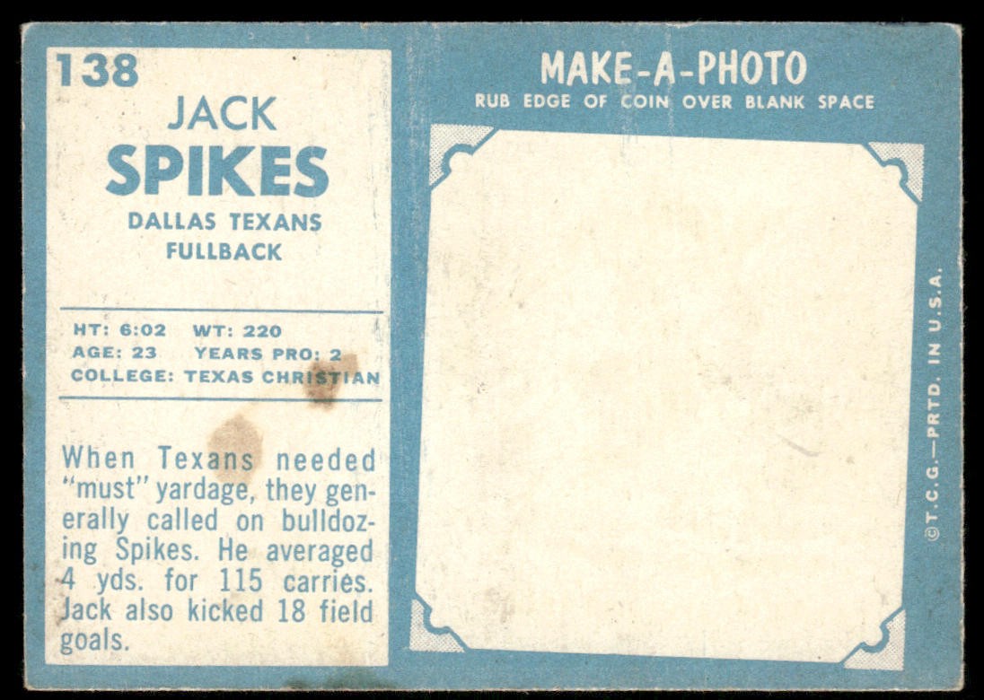 Jack Spikes 1961 Topps #138 Dallas Texans G-VG Crease Stain
