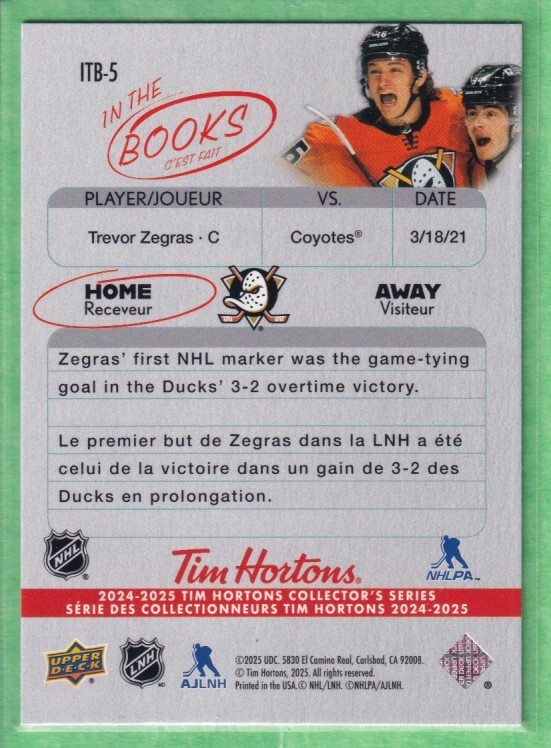 2024-25 Tim Hortons Retrospective Rookies In The Books #ITB-5 Trevor Zegras