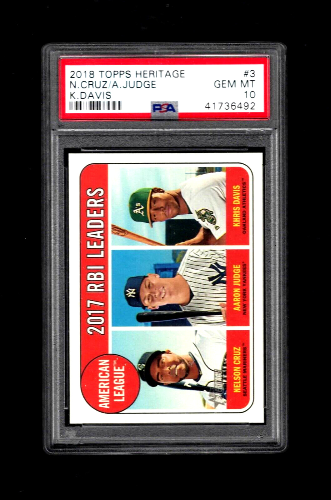 2018 Topps Heritage #3 N.CRUZ/A.JUDGE/K.DAVIS AL RBI Leaders PSA 10 GEM MINT