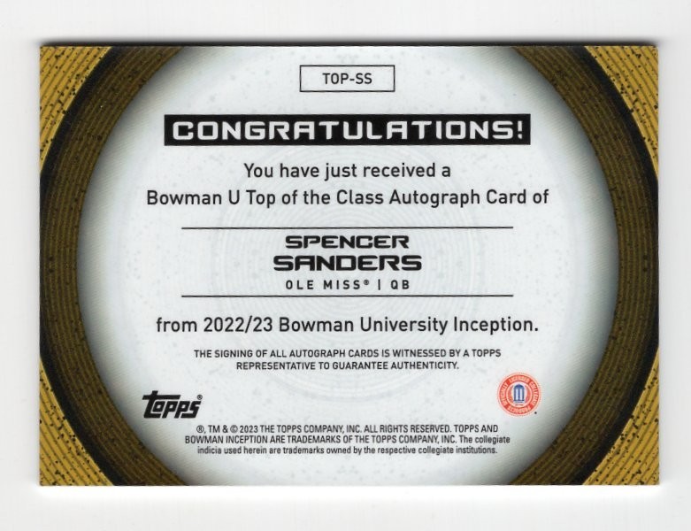 2022-23 Bowman Inception University Top of the Class 4/100 Spencer Sanders Auto