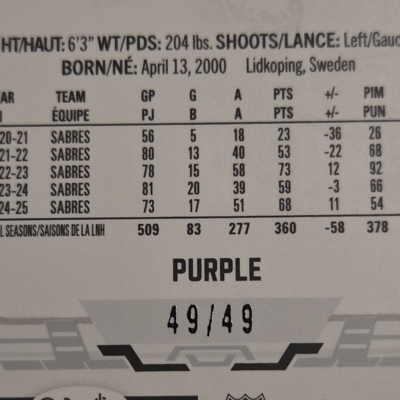 2025-26 O-PEE-CHEE Hockey RASMUS DAHLIN Purple 49/49 #346 Sabres BOOKEND!!!!🔥🔥