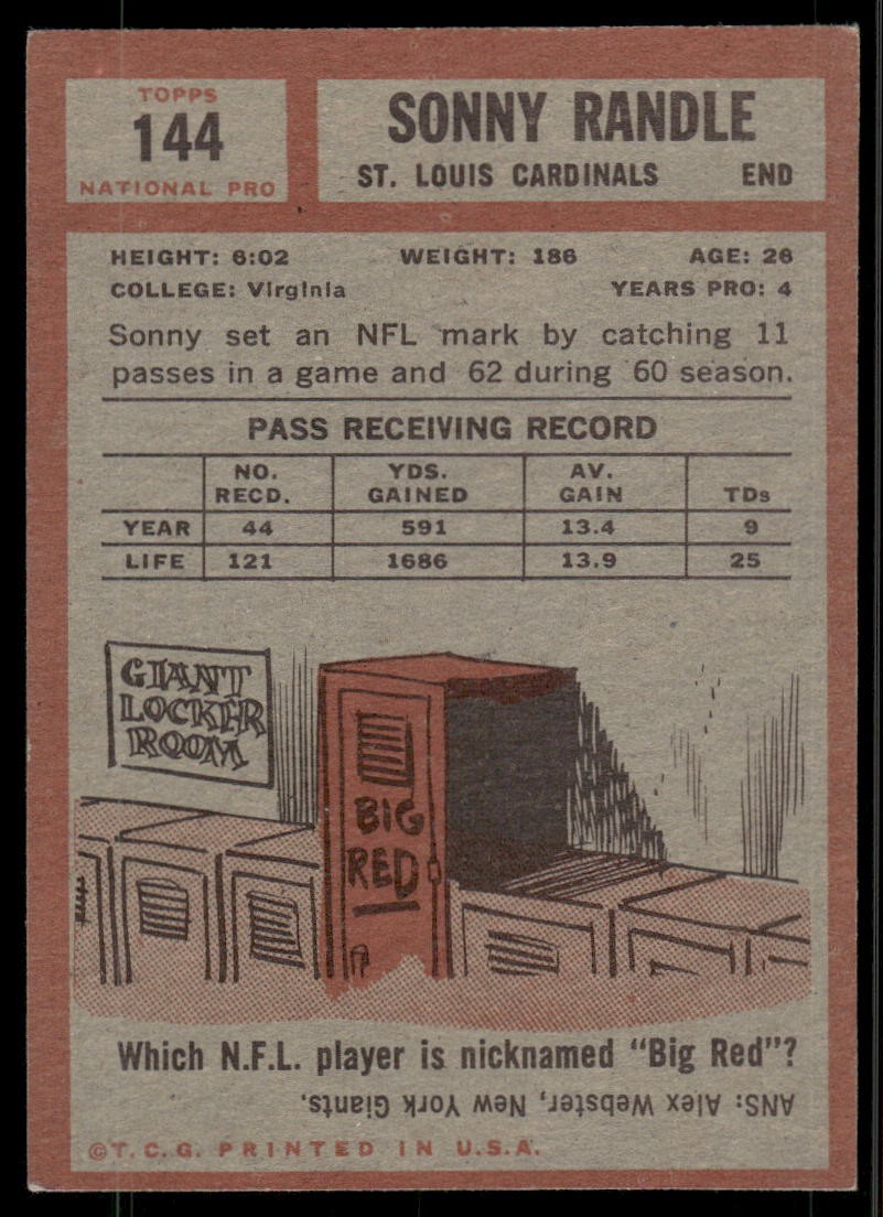 1962 Topps #144 Sonny Randle St. Louis Cardinals