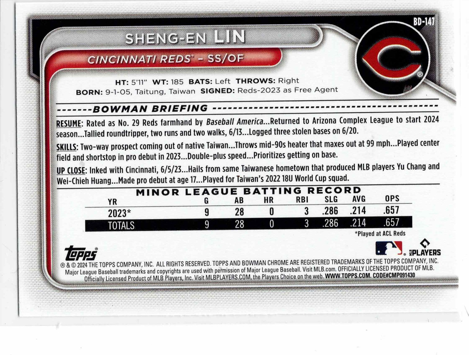 Sheng-en Lin Cincinnati Reds 2024 Bowman Draft ***