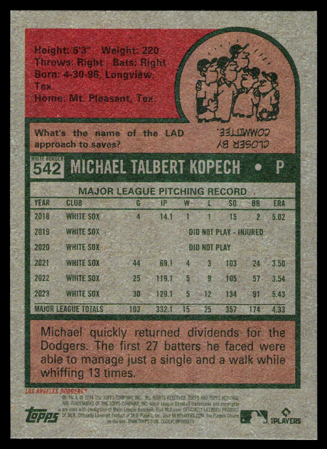 2024 Topps Heritage #542 Michael Kopech Dark Blue Border