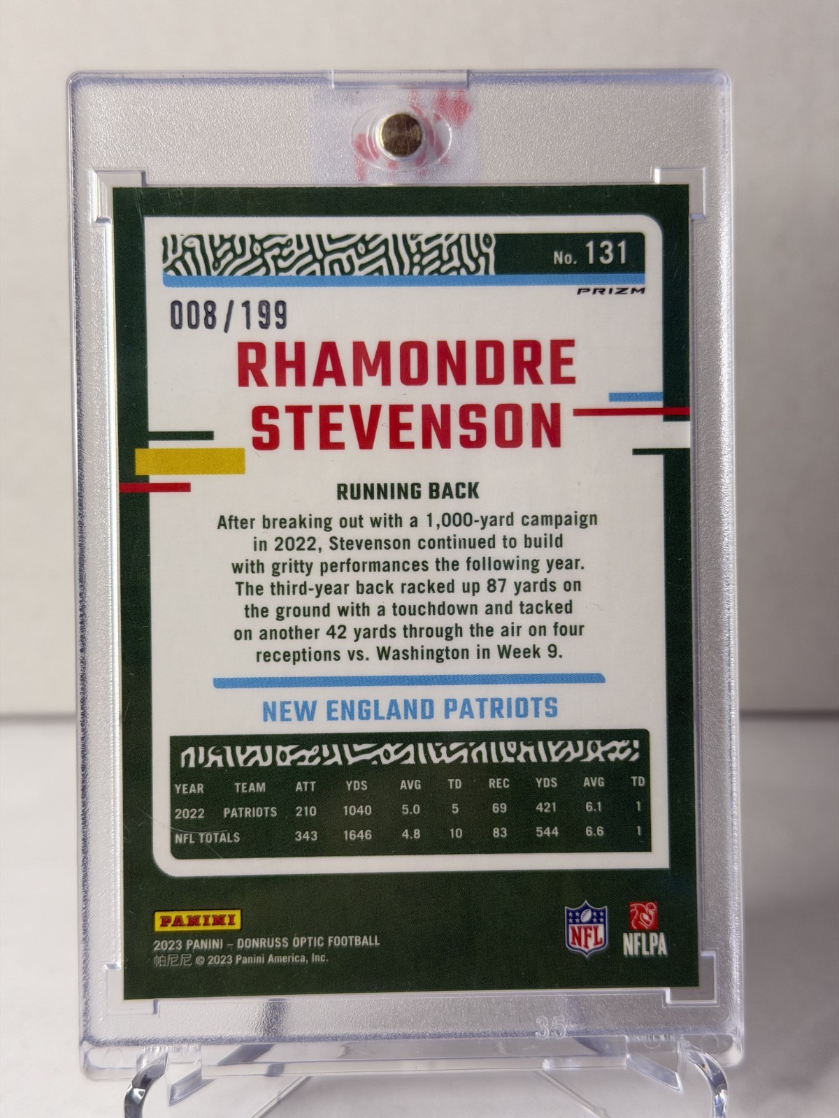 2023 Panini- Rhamondre Stevenson #131 Blue Prizm /199 K