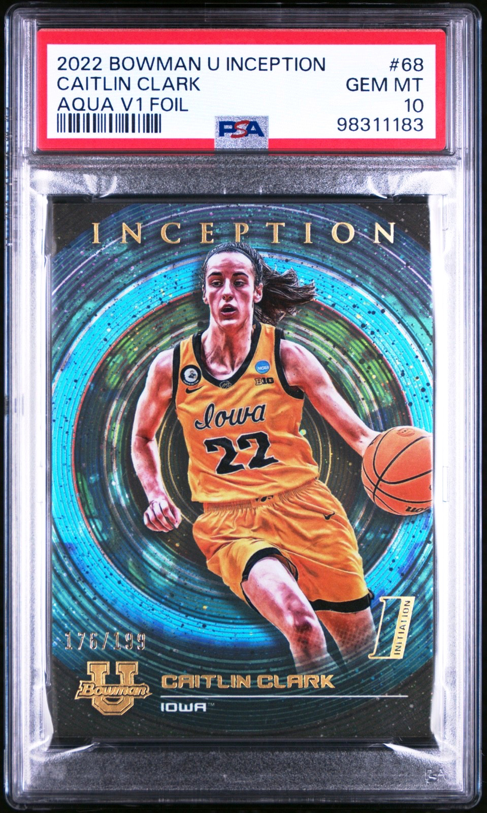 2022 Bowman U Inception Caitlin Clark Aqua V1 Foil /199 PSA 10 #68 Iowa HQ2