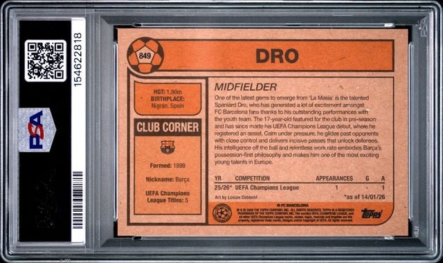 DRO * PSA 10 * 2025 TOPPS LIVING UCL * ROOKIE * PSG SPAIN BARCELONA * CARD #849