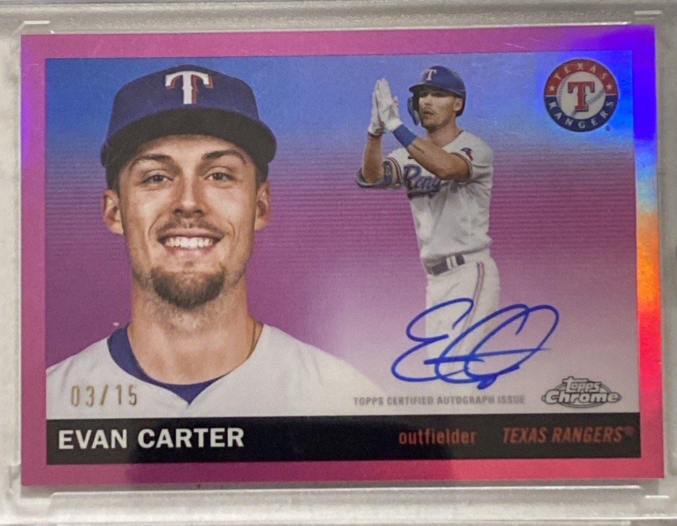 2025 Topps Platinum Evan Carter Pink Auto 03/15 #CPA-EC Texas Rangers