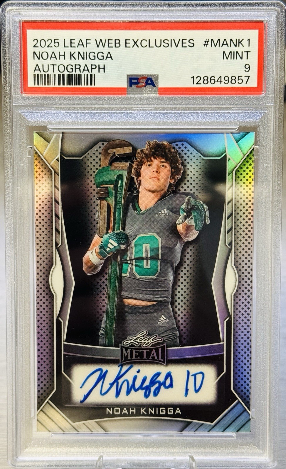 🔧🏈NOAH KNIGGA 2025 Leaf Metal Web Exclusives Silver Auto /1000 #PSA 9 MINT🏈🔧