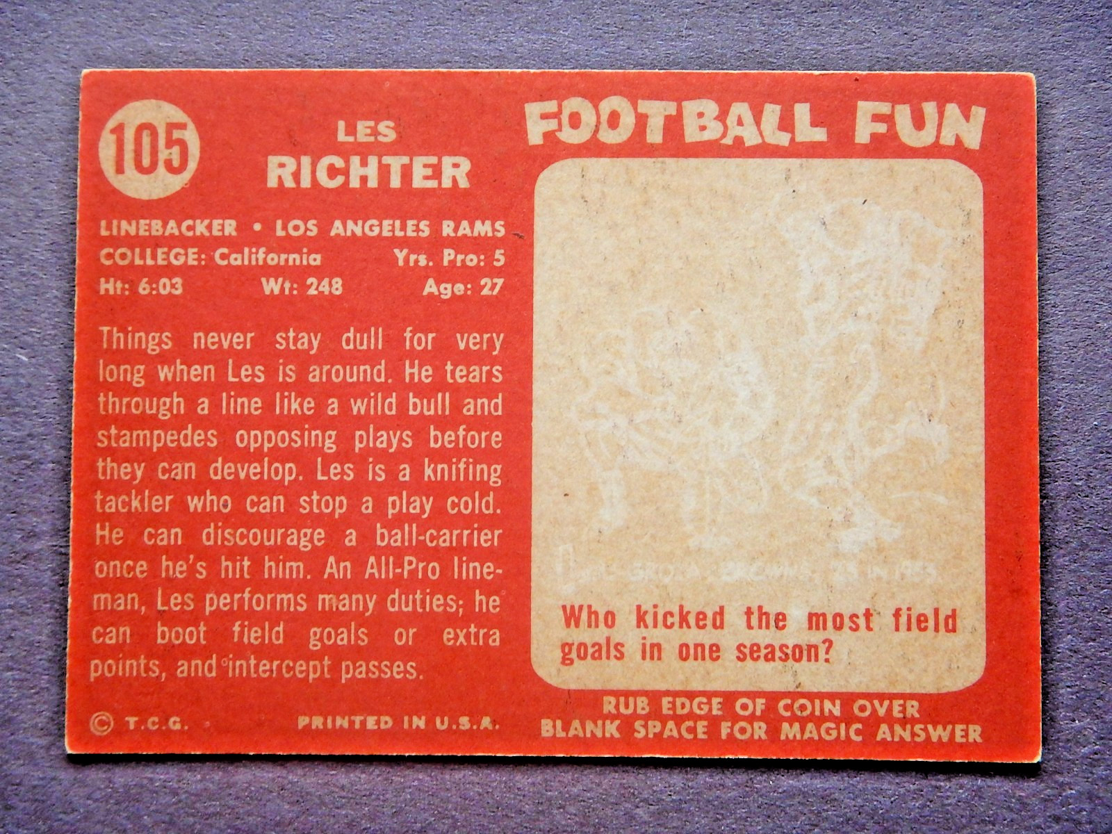 Les Richter #105 Topps 1958 Football Card (Los Angeles Rams)