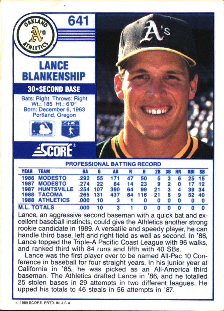 1989 Score Lance Blankenship Rookie #641 Oakland Athletics