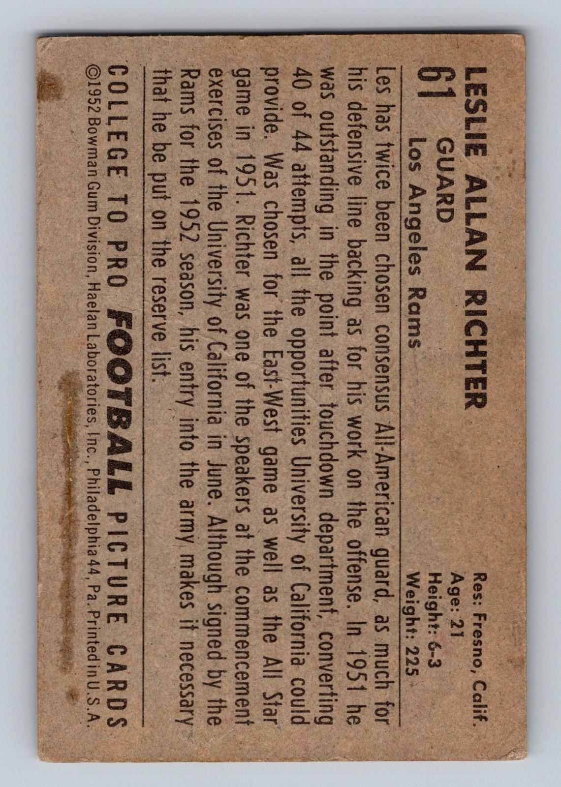 1952 Bowman – Les Richter #61 Small (RC)