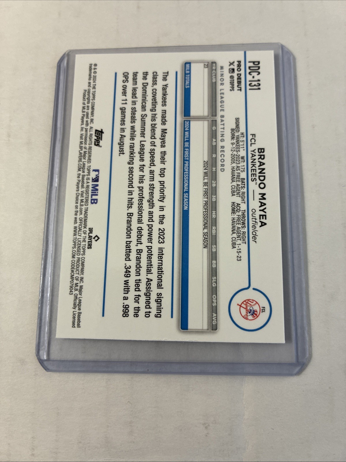 2024 Topps Pro Debut – Brando Mayea #PDC-131 Gold Refractor Rc #/50