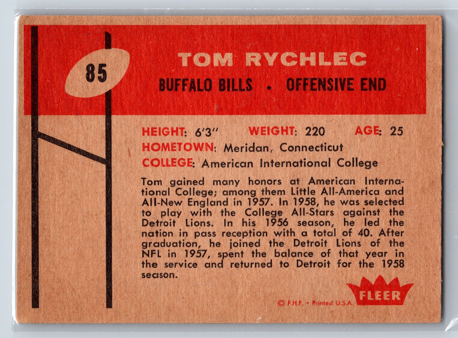 1960 Fleer #85 Tom Rychlec Rookie Buffalo Bills
