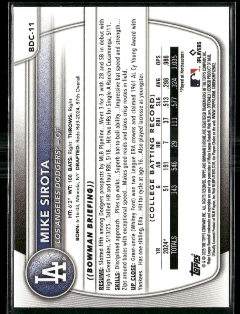 2025 Bowman Draft #BDC-11 Mike Sirota Sapphire Edition