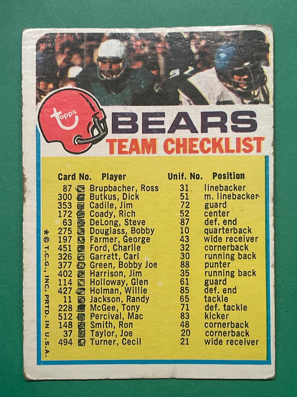 1973 Topps Chicago Bears Team Checklist – Marked