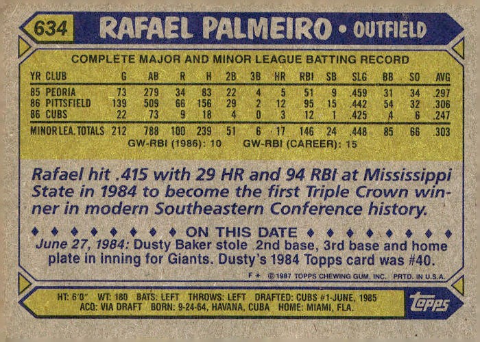 1987 Topps #634 Rafael Palmeiro
