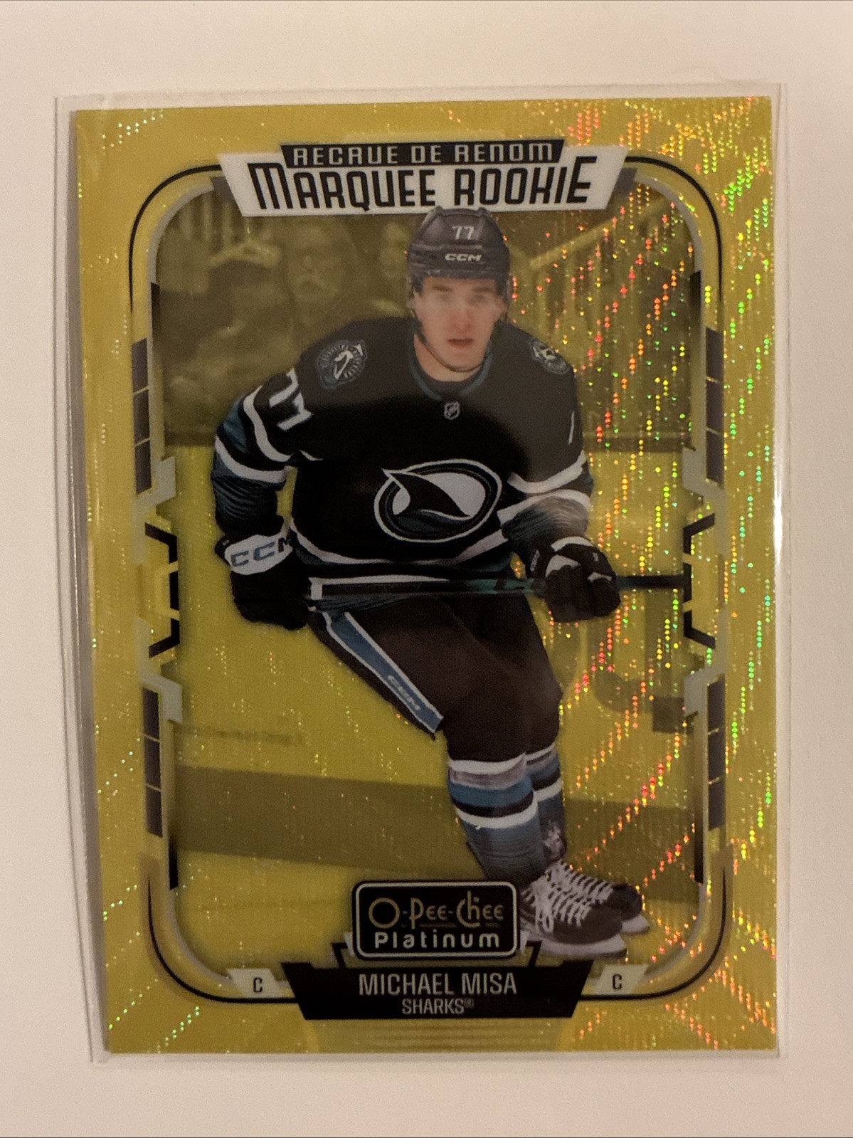 2025-26 Michael Misa RC Neon Yellow Surge OPC Platinum #229 San Jose Sharks