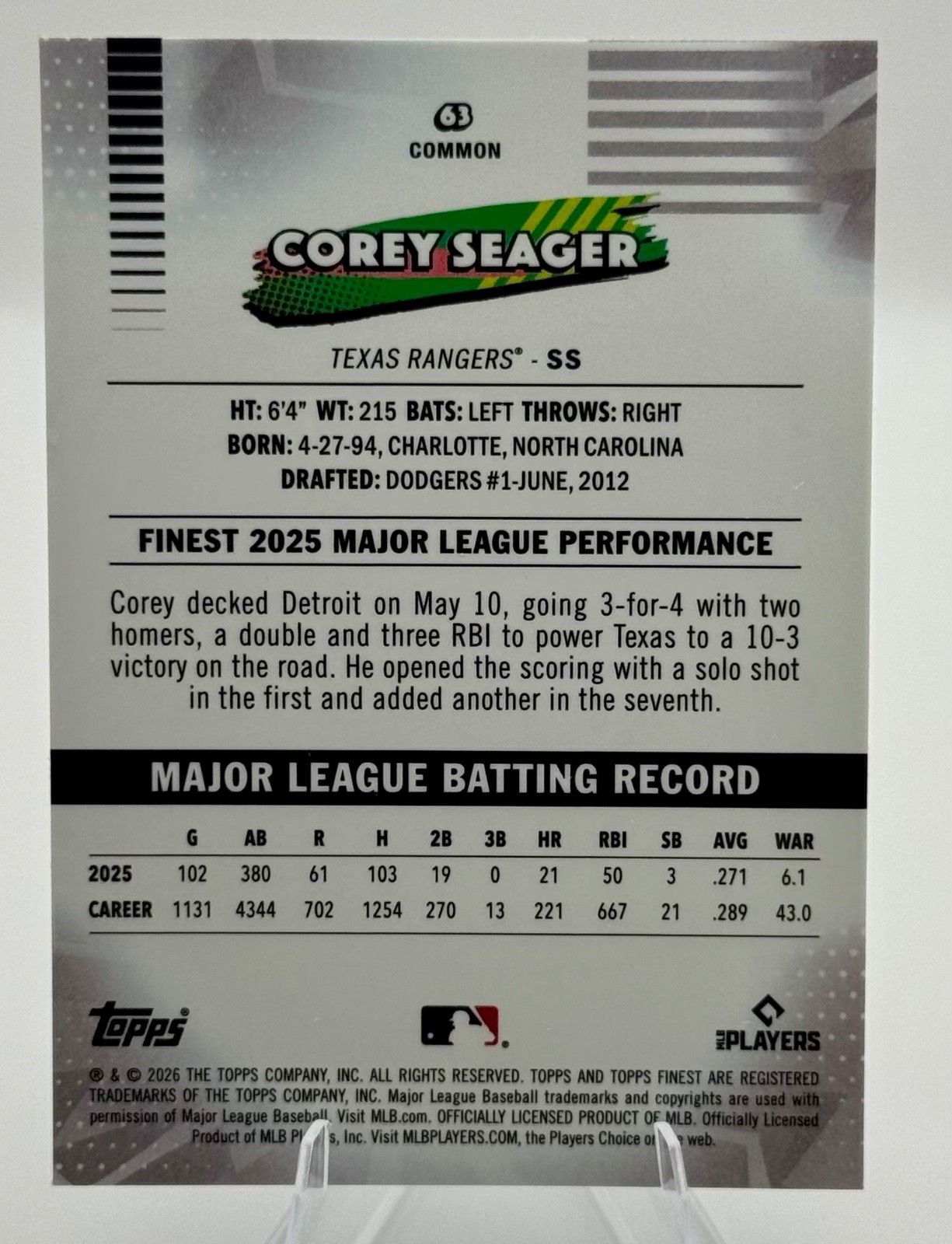 2026 Topps Finest Corey Seager Common Mini Diamond Texas Rangers #63