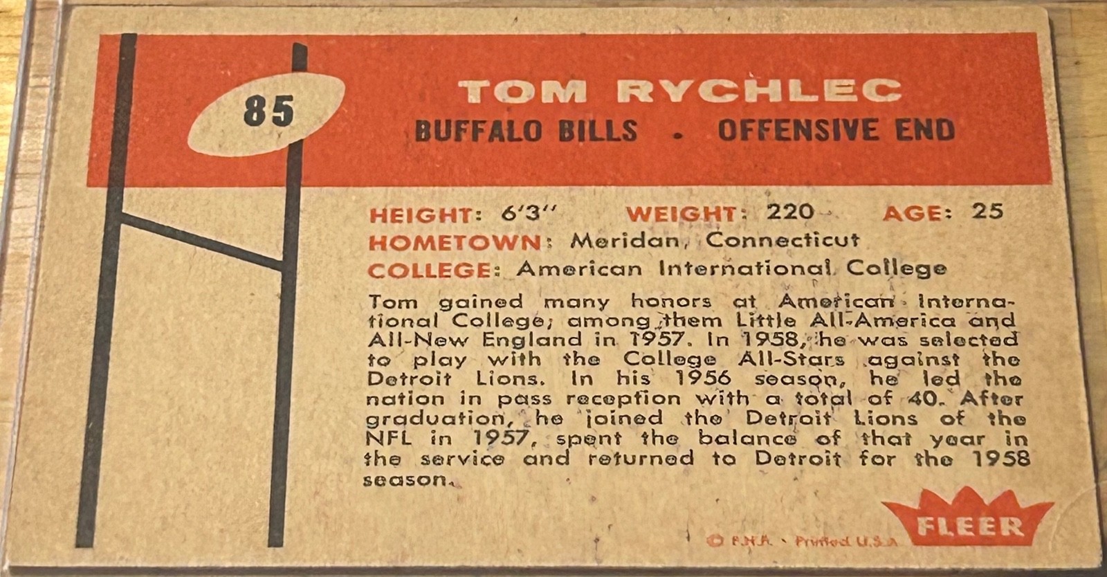 1960 Fleer TOM RYCHLEC Rookie #85 🔥 Bills 🔥 GORGEOUS Autograph 🏈 RaRe 🔥🧨