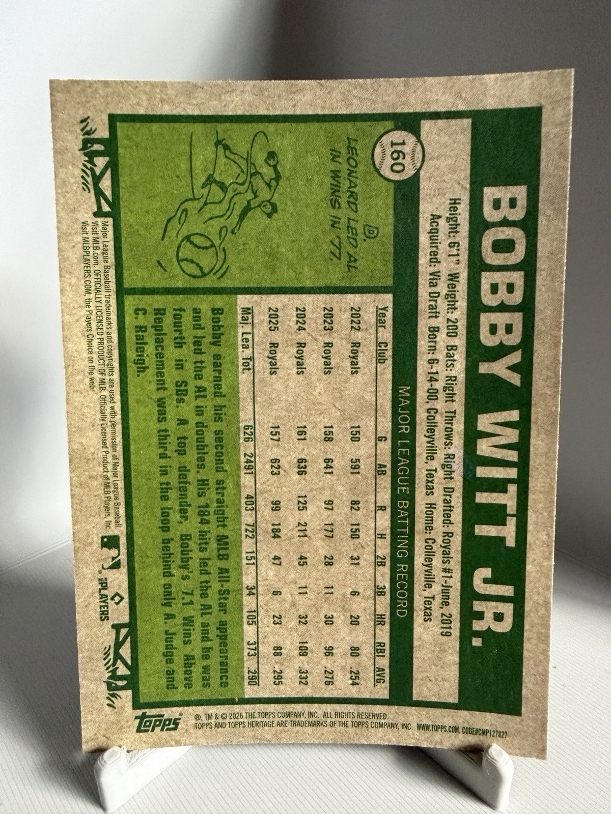 Topps 2026 Heritage Bobby Witt Jr. Royals Shortstop #160 Chrome Burgundy Sparkle