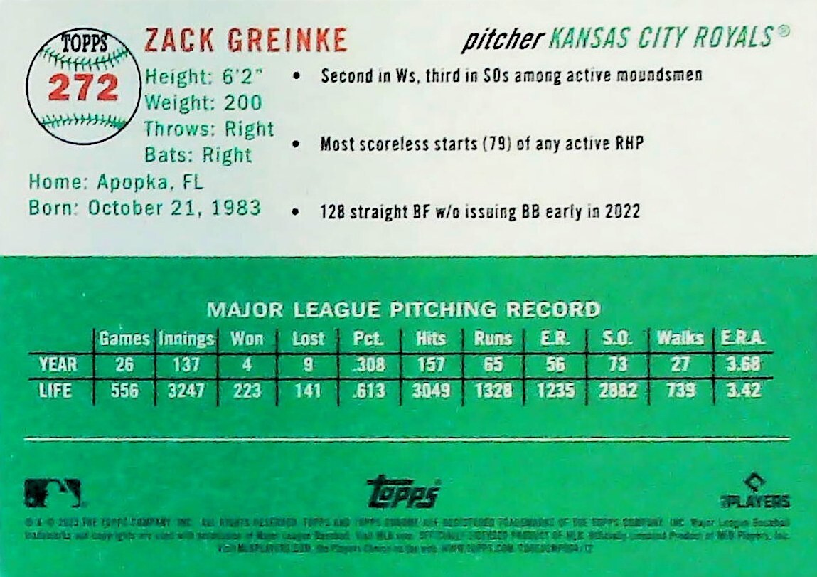 2023 TOPPS CHROME PLATINUM ANNIVERSARY #272 ZACK GREINKE KANSAS CITY ROYALS