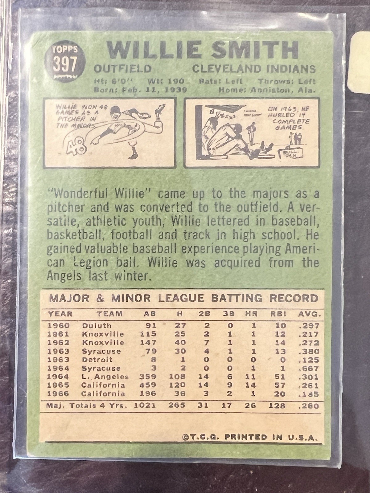1967 Topps – Willie Smith #397 – Shipped in Bubble Mailer