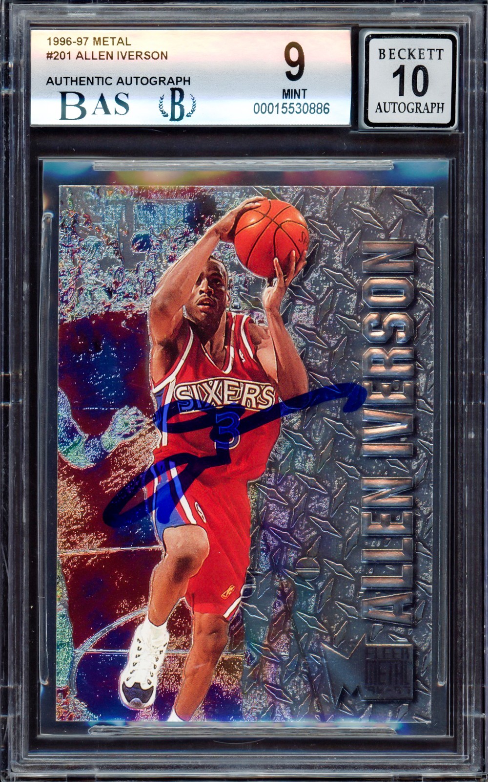 Allen Iverson Signed 1996-97 Fleer Metal RC 201 76ers BGS 9 Auto GM 10 Beckett