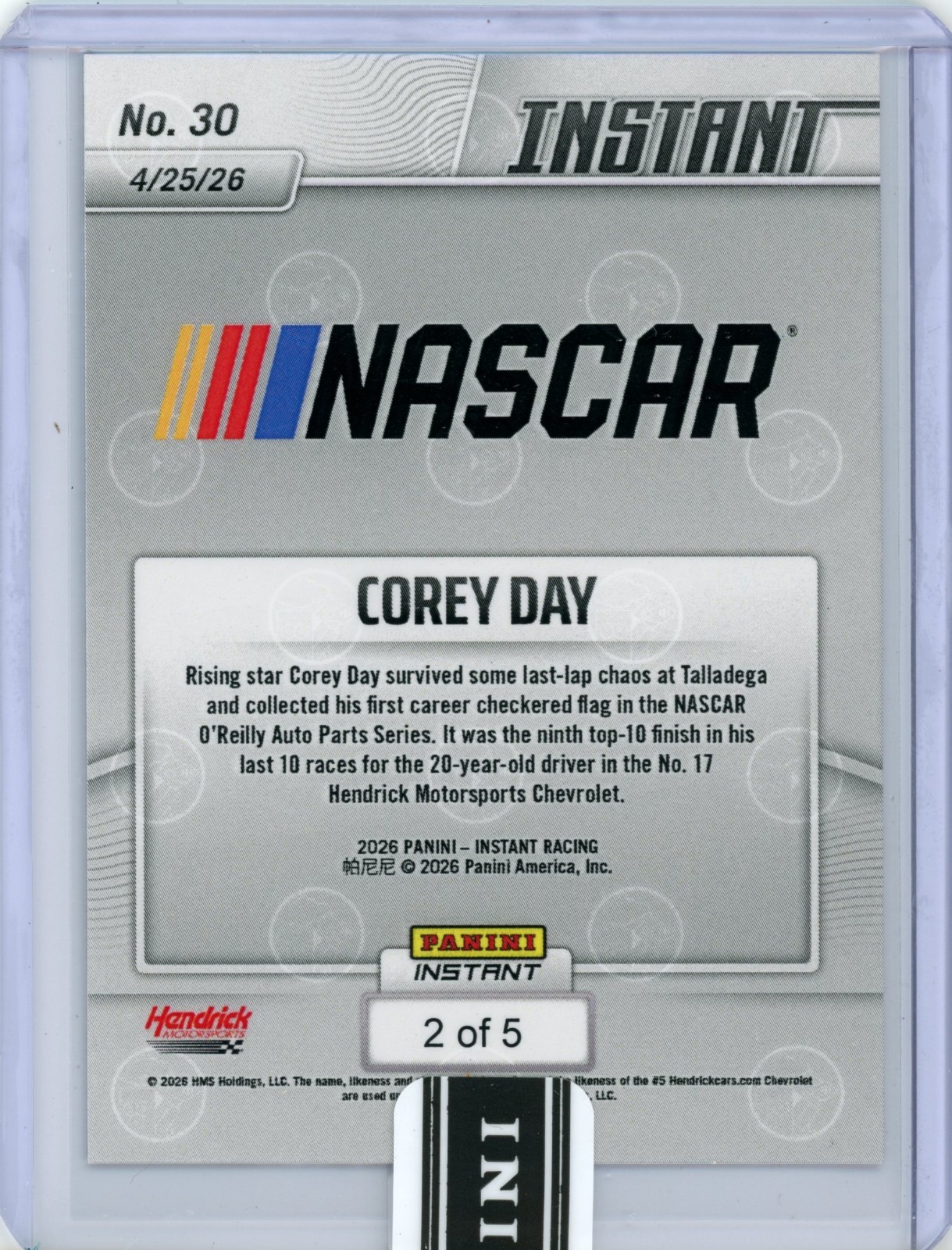 Corey Day 2026 Panini Instant #30 Talladega First Win Metallic /5 HMS SP Presale