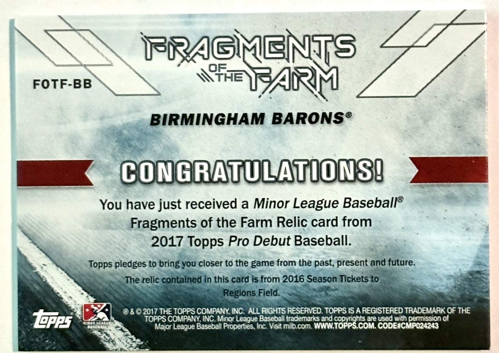 2017 Topps Pro Debut Birmingham Barons Ticket Relic FOTF-BB