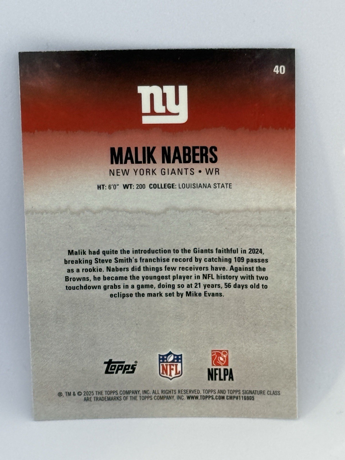 Topps 2025 Signature Class Malik Nabers New York Giants #40 Chrome
