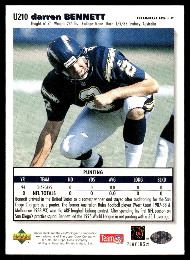 Darren Bennett 1995 Collector’s Choice Update #U210 Chargers NFL READ FREE SHIP