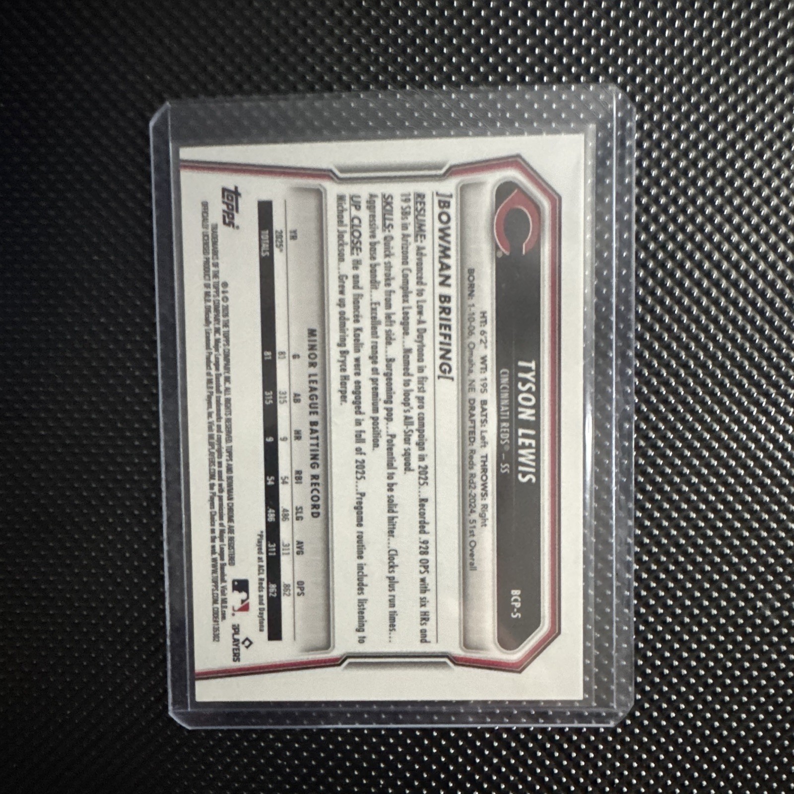 2026 Bowman Chrome Tyson Lewis BCP-5 Cincinnati Reds 33/50 Gold Refractor Rookie