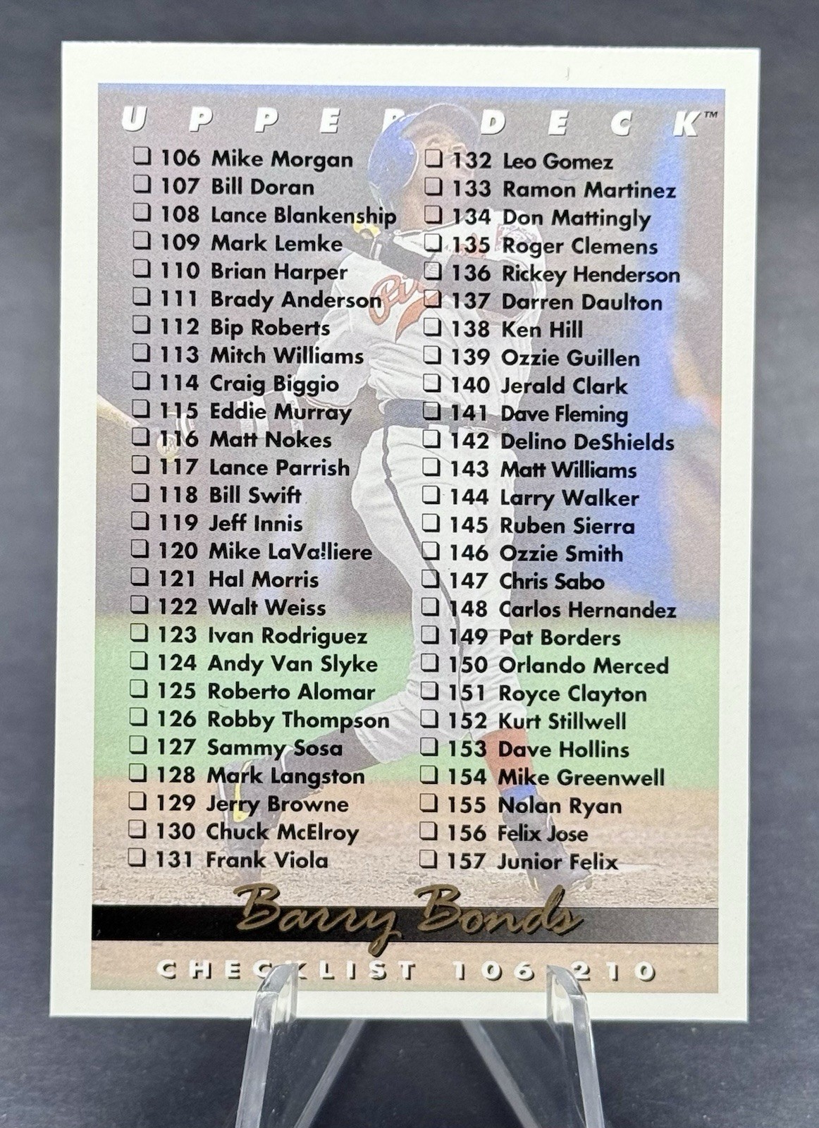 1992 Upper Deck Baseball Barry Bonds #210 Checklist 106 to 210
