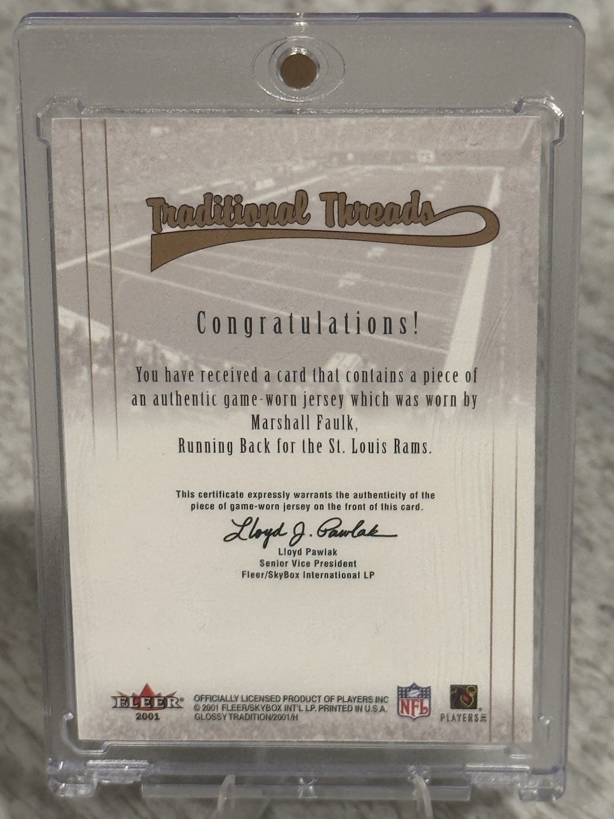 2001 Fleer Tradition Glossy Traditional Threads Marshall Faulk Game Worn Jersey