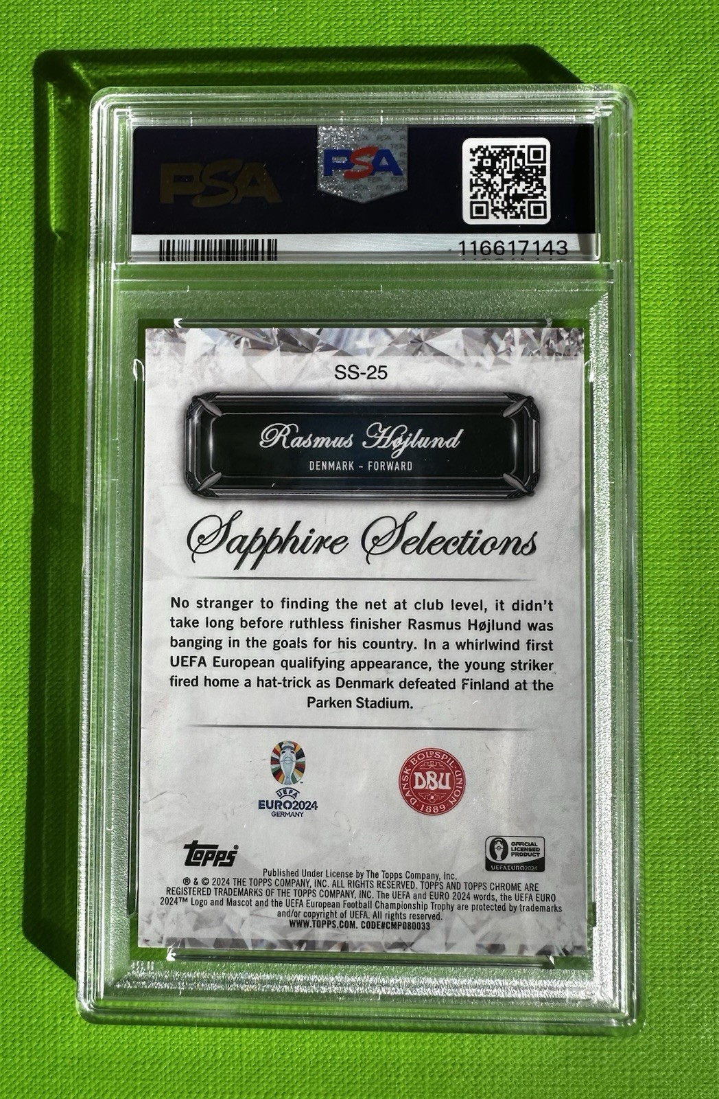 Rasmus Hojlund Red 3/5 PSA 10 Topps Chrome UEFA Euro Sapphire Selections 2024