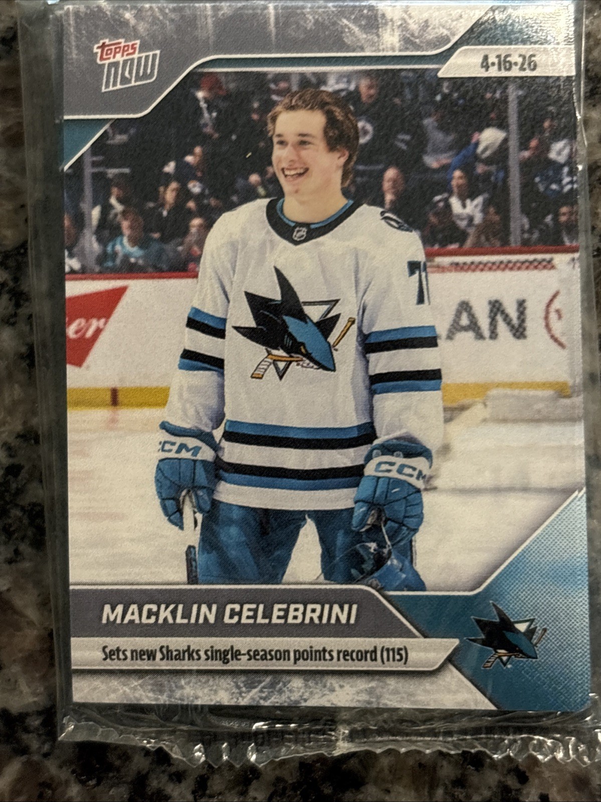 2025-26 NHL TOPPS NOW Sticker #150 Macklin Celebrini Sharks Record 115 Pts