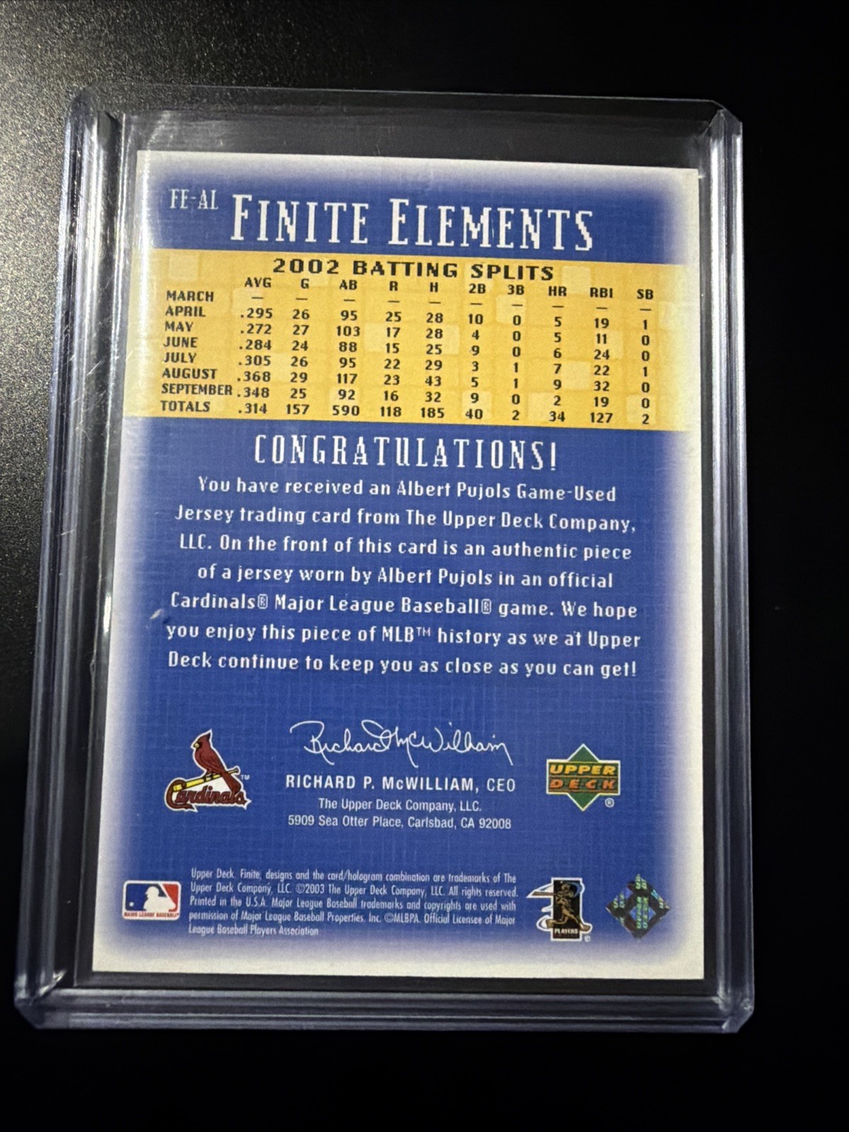 2003 Upper Deck Finite – Finite Elements Jersey Albert Pujols #FE-AL (MEM)