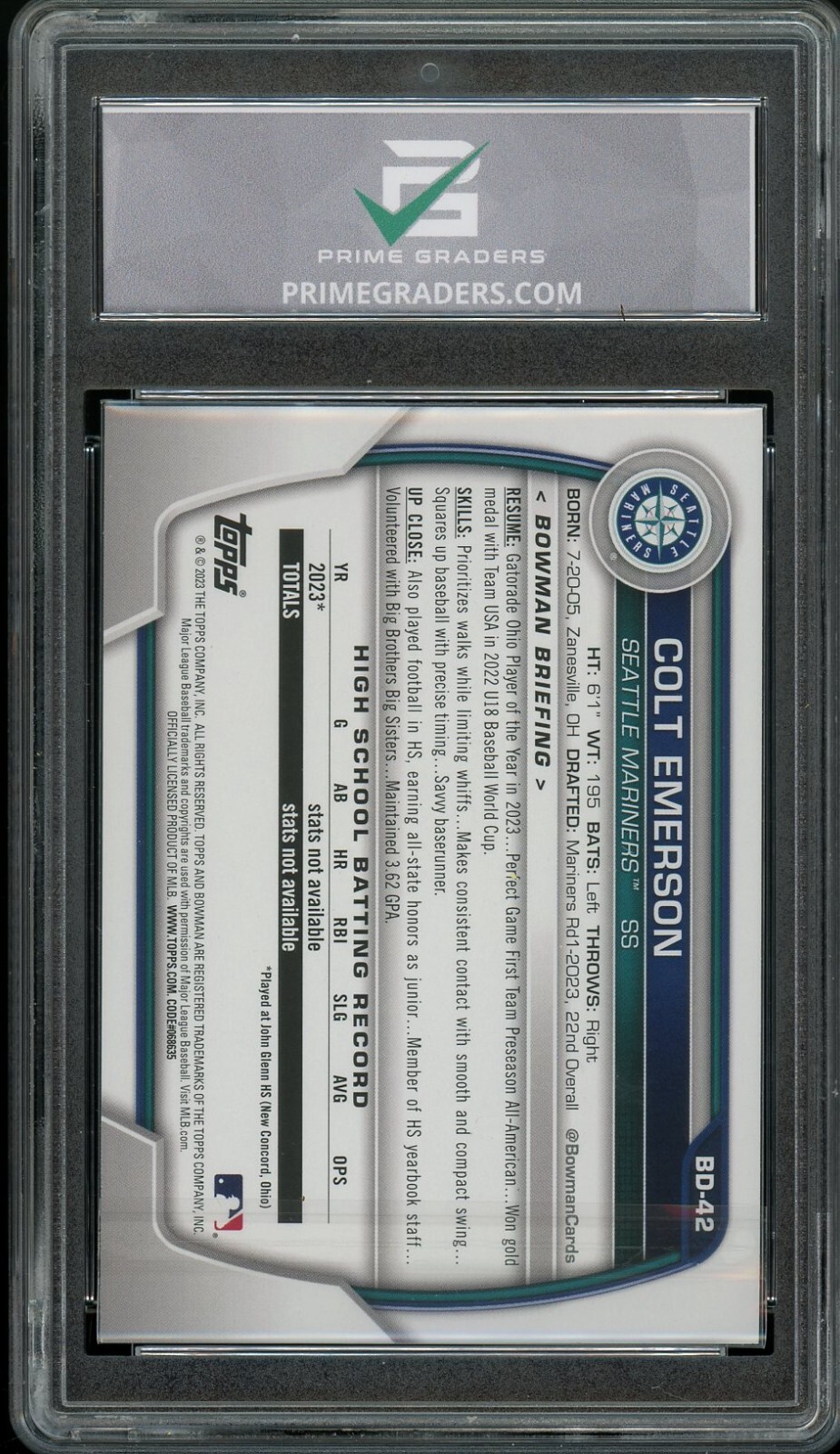 2023 Bowman Draft #BD-42 Colt Emerson GRADED 10 GEM Mint Rookie Card RC 1st