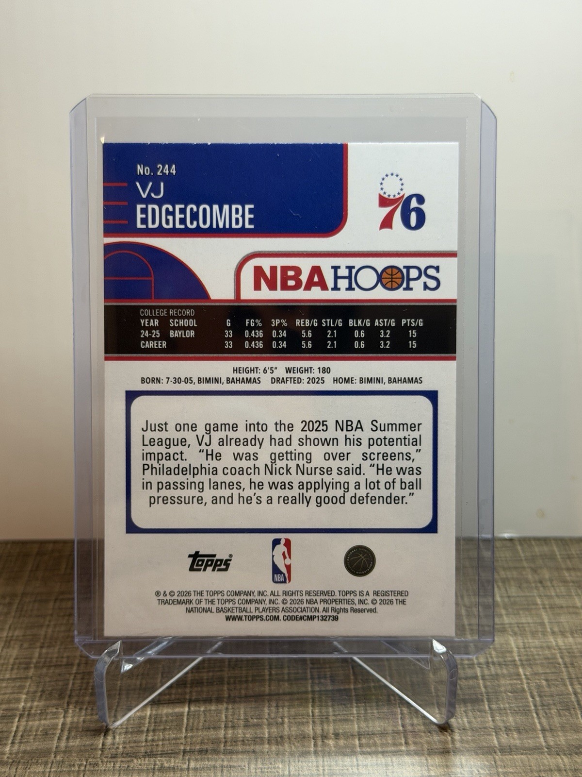 VJ Edgecombe 2025 Topps Hoops #244 Rainbow Foil Rookie RC
