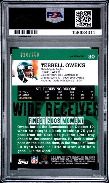 2004 Topps Finest Terrell Owens /150 Gold X-Fractor #30 Eagles PSA 9