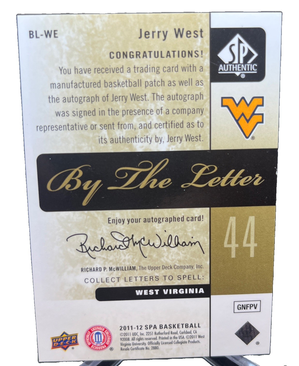 2011-12 SP Authentic Jerry West By The Letter Auto #d 5/5 Logoman WVU Lakers